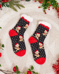 Skarpetki^Royalfashion Czarne damskie skarpetki ze świątecznym wzorem czerwony
