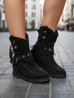 Botki Bez Ocieplenia|Kowbojki^Royalfashion Czarne damskie botki z ukrytym koturnem Dibisa czarny