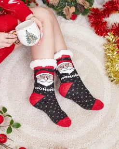 Skarpetki^Royalfashion Czarne damskie skarpetki ze świątecznym wzorem czerwony