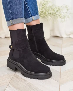 Botki Z Delikatnym Ociepleniem|Botki Na Płaskim Obcasie^Royalfashion Czarne damskie botki z ozdobnym paskiem Doasa czarny