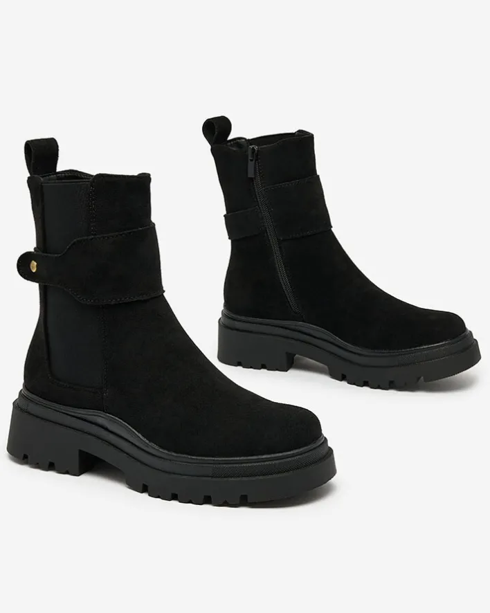 Botki Z Delikatnym Ociepleniem|Botki Na Płaskim Obcasie^Royalfashion Czarne damskie botki z ozdobnym paskiem Doasa czarny