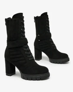 Botki Z Delikatnym Ociepleniem|Botki Sznurowane^Royalfashion Czarne damskie ocieplane botki na słupku Sehhra czarny