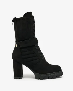 Botki Z Delikatnym Ociepleniem|Botki Sznurowane^Royalfashion Czarne damskie ocieplane botki na słupku Sehhra czarny