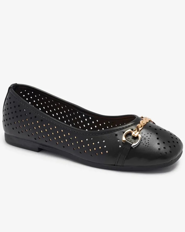 Baleriny Klasyczne^Royalfashion Czarne damskie ażurowe baleriny ze złotą ozdobą Serilla czarny