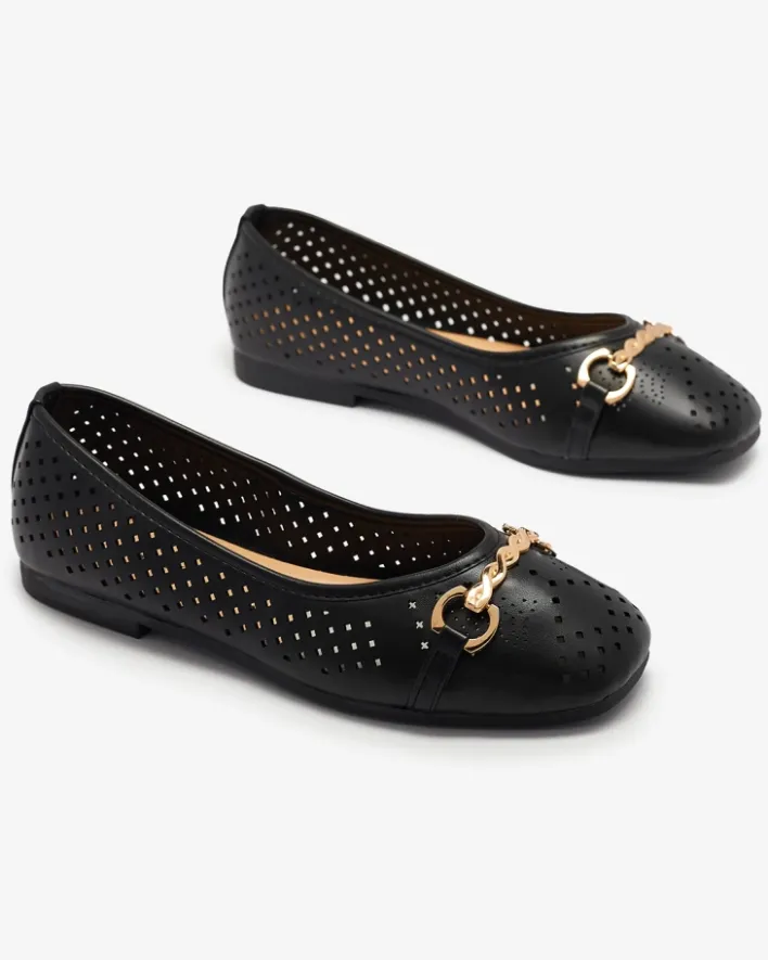 Baleriny Klasyczne^Royalfashion Czarne damskie ażurowe baleriny ze złotą ozdobą Serilla czarny