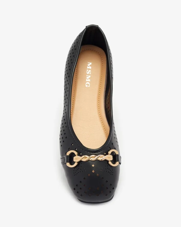 Baleriny Klasyczne^Royalfashion Czarne damskie ażurowe baleriny ze złotą ozdobą Serilla czarny