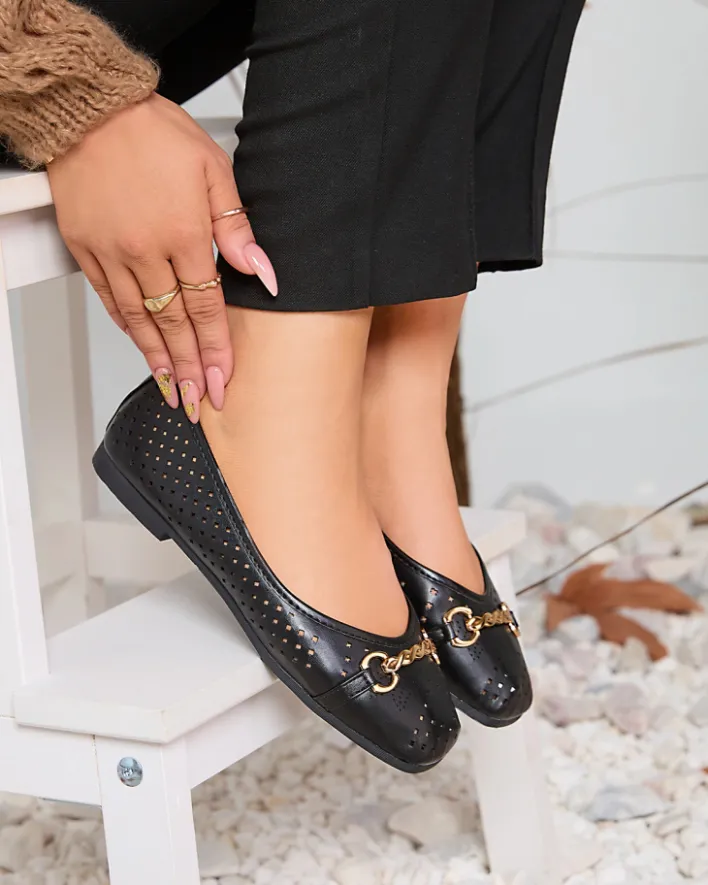 Baleriny Klasyczne^Royalfashion Czarne damskie ażurowe baleriny ze złotą ozdobą Serilla czarny