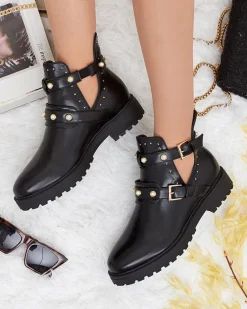 Botki Bez Ocieplenia|Botki Na Płaskim Obcasie^Royalfashion Czarne damskie zdobione botki na płaskim obcasie Pearl Elegance