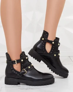 Botki Bez Ocieplenia|Botki Na Płaskim Obcasie^Royalfashion Czarne damskie zdobione botki na płaskim obcasie Pearl Elegance