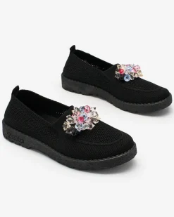 Półbuty^Royalfashion Czarne damskie materiałowe półbuty z kryształkami Fezens czarny