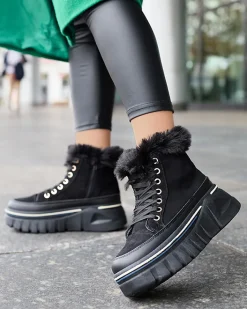 Śniegowce|Botki Z Grubym Ociepleniem^Royalfashion Czarne damskie sznurowane buty a'la śniegowce na platformie Neatesa czarny
