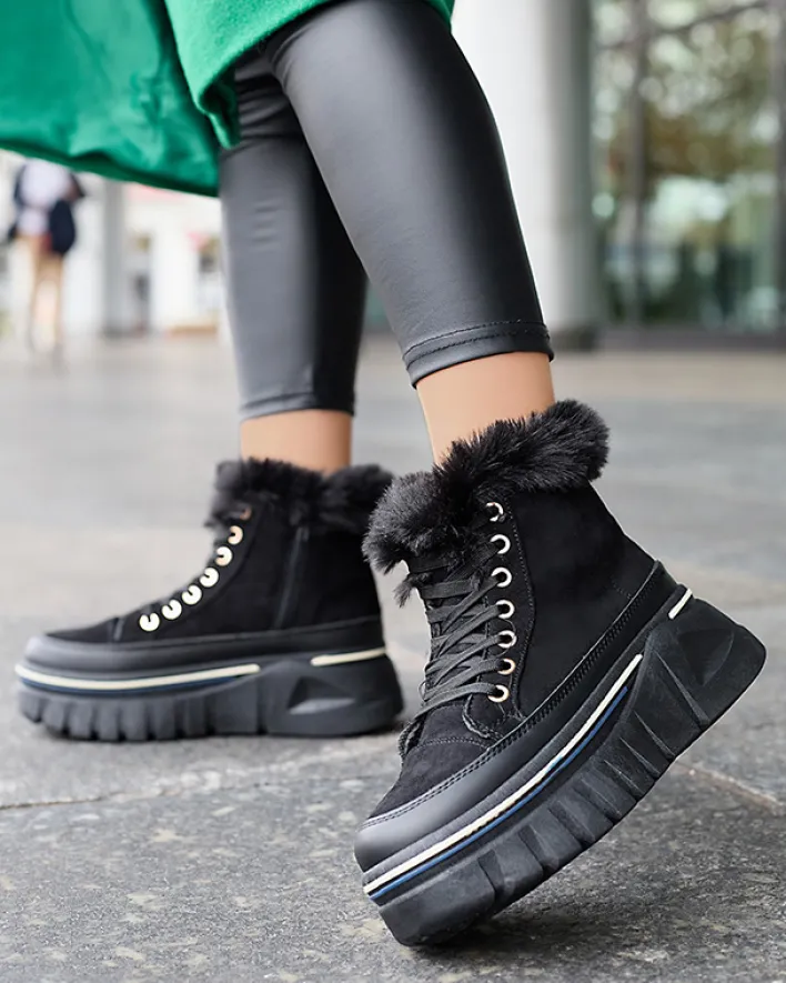 Śniegowce|Botki Z Grubym Ociepleniem^Royalfashion Czarne damskie sznurowane buty a'la śniegowce na platformie Neatesa czarny