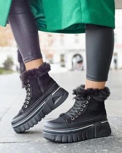 Śniegowce|Botki Z Grubym Ociepleniem^Royalfashion Czarne damskie sznurowane buty a'la śniegowce na platformie Neatesa czarny