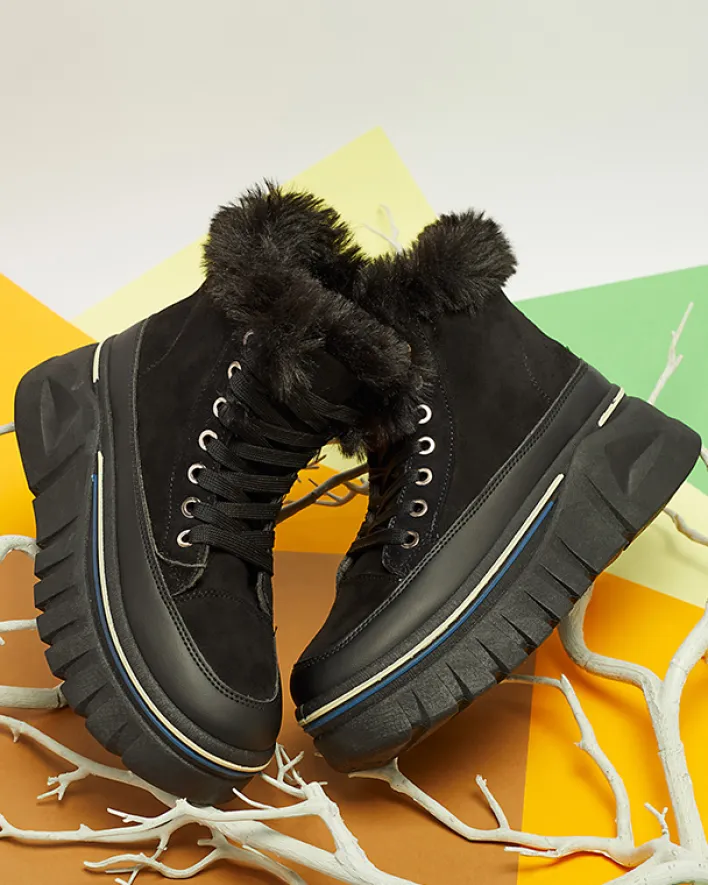 Śniegowce|Botki Z Grubym Ociepleniem^Royalfashion Czarne damskie sznurowane buty a'la śniegowce na platformie Neatesa czarny