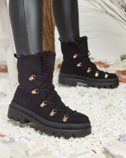 Trapery|Botki Sznurowane^Royalfashion Czarne damskie ocieplane botki typu trapery z kożuszkiem Lery Walk czarny