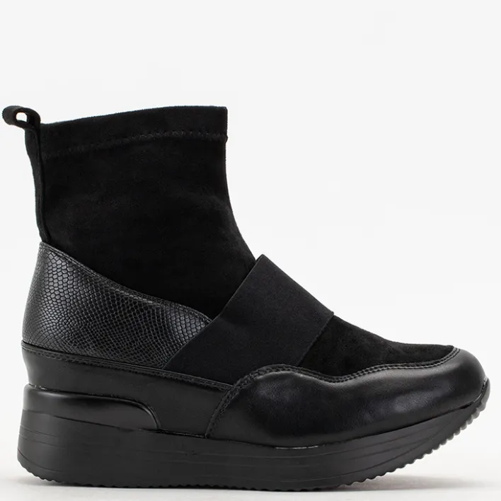 Botki Z Delikatnym Ociepleniem|Botki Na Koturnie^Royalfashion Czarne damskie wsuwane botki z tłoczeniem Keleda czarny