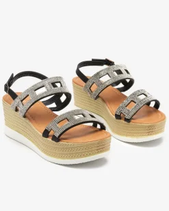 Sandały Na Koturnie^Royalfashion Czarne damskie sandały z cyrkoniami na koturnie Masewi czarny