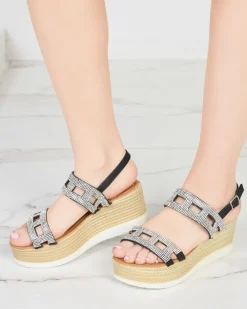 Sandały Na Koturnie^Royalfashion Czarne damskie sandały z cyrkoniami na koturnie Masewi czarny