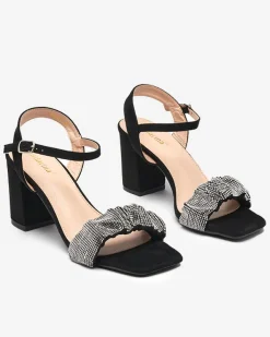 Buty Na Wielkie Wyjście|Sandały Na Słupku^Royalfashion Czarne damskie sandałki na słupku z cyrkoniami Triesta czarny