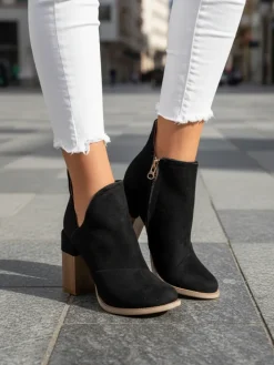 Botki Bez Ocieplenia|Botki Na Słupku^Royalfashion Czarne damskie botki na słupku z wycięciami Cintura czarny