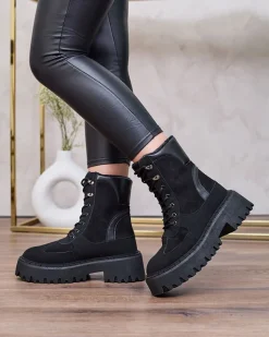 Botki Z Delikatnym Ociepleniem|Botki Sznurowane^Royalfashion Czarne damskie sznurowane botki Macnev