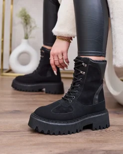 Botki Z Delikatnym Ociepleniem|Botki Sznurowane^Royalfashion Czarne damskie sznurowane botki Macnev