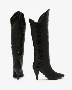 Kozaki Z Ociepleniem|Kozaki Do Kolana^Royalfashion Czarne damskie kozaki na szpilce z tłoczeniem Elivea czarny