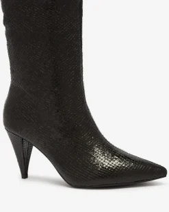 Kozaki Z Ociepleniem|Kozaki Do Kolana^Royalfashion Czarne damskie kozaki na szpilce z tłoczeniem Elivea czarny