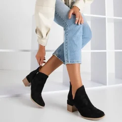 Botki Bez Ocieplenia|Botki Na Słupku^Royalfashion Czarne damskie botki na słupku Jeneuer czarny