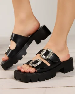 Klapki Na Obcasie^Royalfashion Czarne klapki damskie z ozdobą z cyrkonii Sadoh czarny