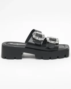 Klapki Na Obcasie^Royalfashion Czarne klapki damskie z ozdobą z cyrkonii Sadoh czarny