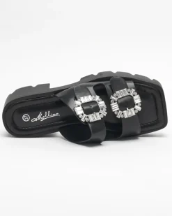 Klapki Na Obcasie^Royalfashion Czarne klapki damskie z ozdobą z cyrkonii Sadoh czarny