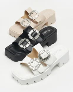 Klapki Na Obcasie^Royalfashion Czarne klapki damskie z ozdobą z cyrkonii Sadoh czarny