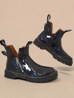 Botki Bez Ocieplenia|Botki Na Płaskim Obcasie^Royalfashion Czarne lakierowane botki damskie z suwakiem Odeta czarny