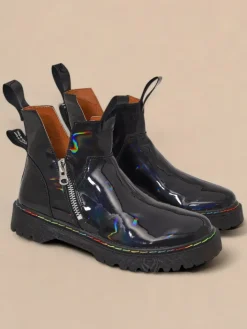 Botki Bez Ocieplenia|Botki Na Płaskim Obcasie^Royalfashion Czarne lakierowane botki damskie z suwakiem Odeta czarny