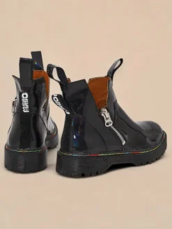 Botki Bez Ocieplenia|Botki Na Płaskim Obcasie^Royalfashion Czarne lakierowane botki damskie z suwakiem Odeta czarny