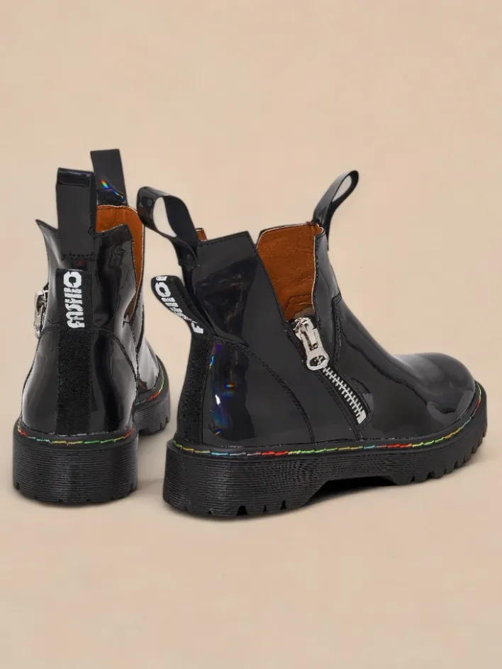 Botki Bez Ocieplenia|Botki Na Płaskim Obcasie^Royalfashion Czarne lakierowane botki damskie z suwakiem Odeta czarny