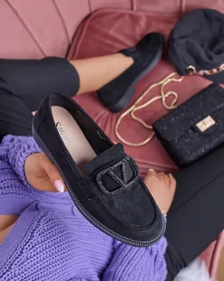 Espadryle Płaskie^Royalfashion Czarne mokasyny damskie z ozdobą Fogras czarny