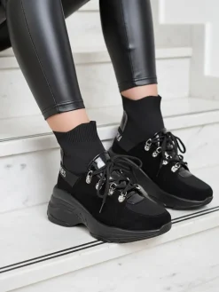 Botki Z Delikatnym Ociepleniem|Botki Na Płaskim Obcasie^Royalfashion Czarne sneakersy damskie z ociepleniem Aleppo