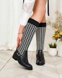 Botki Z Delikatnym Ociepleniem|Botki Na Płaskim Obcasie^Royalfashion Czarne wysokie botki damskie we wzór w pepitkę Aledive