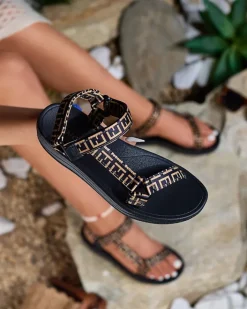 Sandały Płaskie^Royalfashion Czarno- brązowe damskie sportowe sandały z printem Iberifa