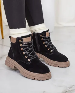 Trapery|Botki Z Delikatnym Ociepleniem^Royalfashion Czarno- brązowe damskie ocieplane botki typu trapery Radoras brązowy