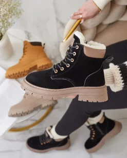 Trapery|Botki Z Delikatnym Ociepleniem^Royalfashion Czarno- brązowe damskie ocieplane botki typu trapery Radoras brązowy