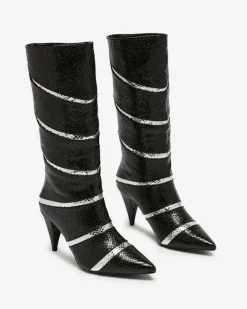 Kozaki Na Obcasie|Kozaki Z Ociepleniem^Royalfashion Czarno- srebrne damskie kozaki na szpilce z tłoczeniem w paski Felifea czarny
