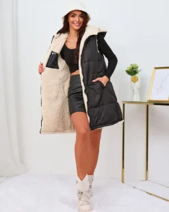 Kurtki / Marynarki / Płaszcze^Royalfashion Czarno-kremowa długa dwustronna kamizelka damska czarny