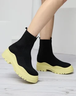 Botki Bez Ocieplenia|Botki Na Płaskim Obcasie^Royalfashion Czarno-żółte botki damskie na płaskim obcasie Seritis żółty