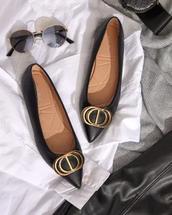 Buty Na Wielkie Wyjście|Baleriny Klasyczne^Royalfashion Czarno-złote baleriny damskie w szpic z ozdobą na nosku Manico czarny