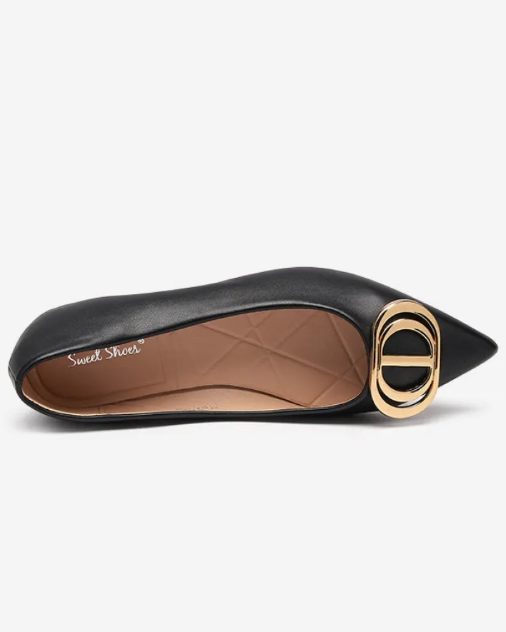 Buty Na Wielkie Wyjście|Baleriny Klasyczne^Royalfashion Czarno-złote baleriny damskie w szpic z ozdobą na nosku Manico czarny