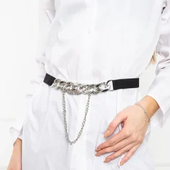 Paski^Royalfashion Czarny damski elastyczny pasek ze m łańcuszkiem srebrny