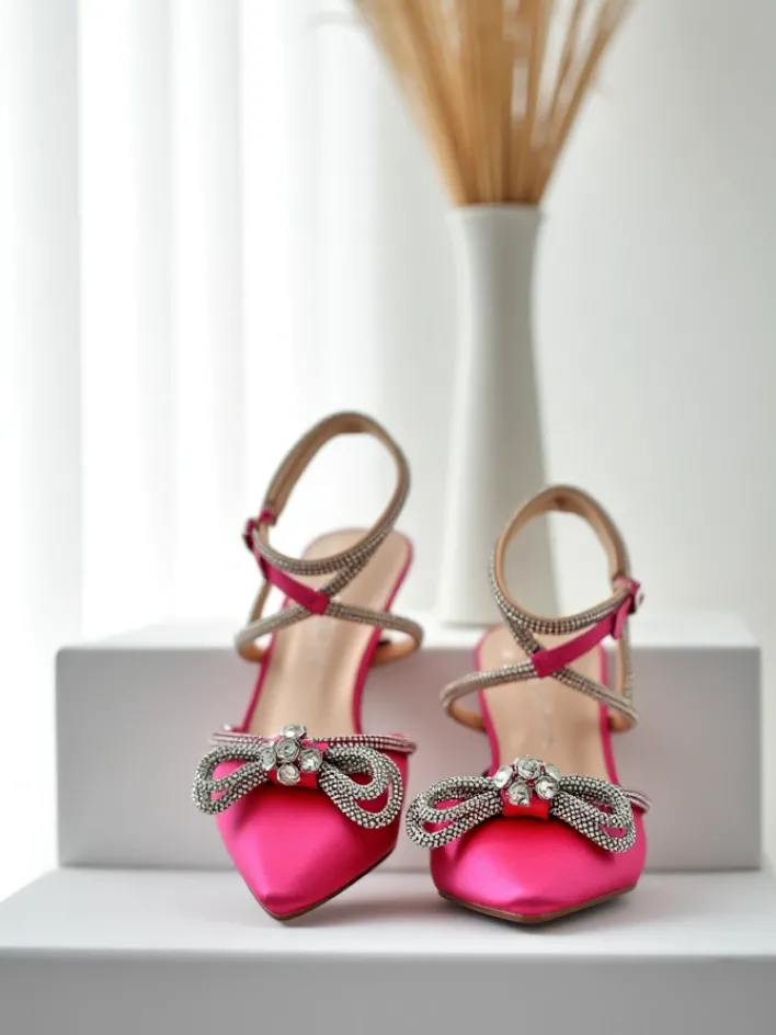 Buty Na Wielkie Wyjście^Royalfashion Czółenka damskie bez pięty z paseczkami z cyrkonii Erontes Fuksjowy